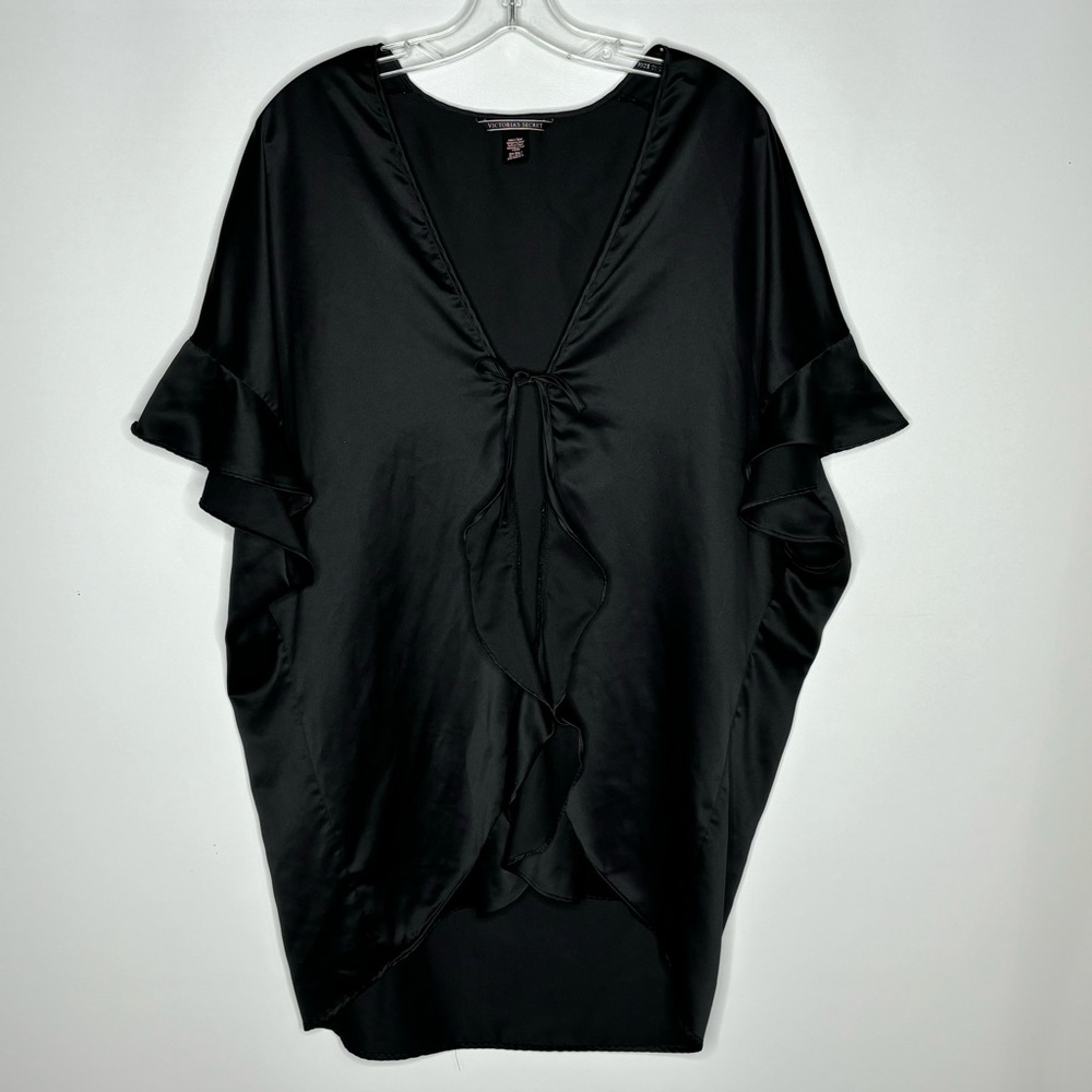 Victorias Secret Black Satin Front Tie Lingerie Cover Up Robe